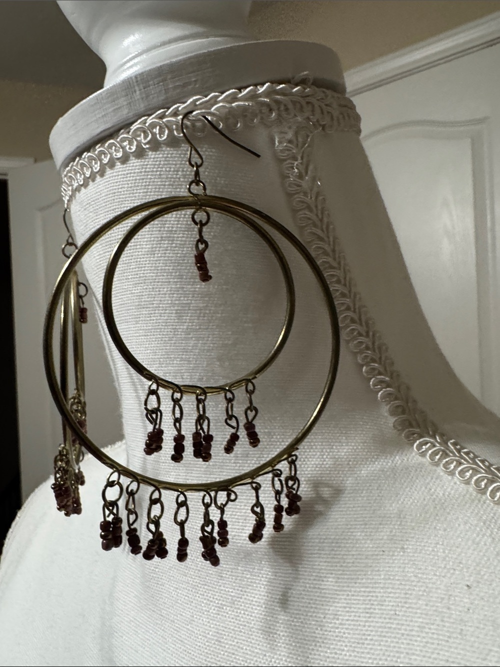 Antique Gold-Tone Multi-Hoop Earrings with Brown Bead Fringe - Picture 2 of 2